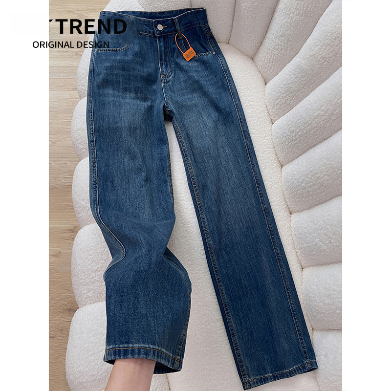 复古蓝窄版阔腿牛仔裤女2025秋冬新款高腰梨形身材显瘦垂感直筒裤