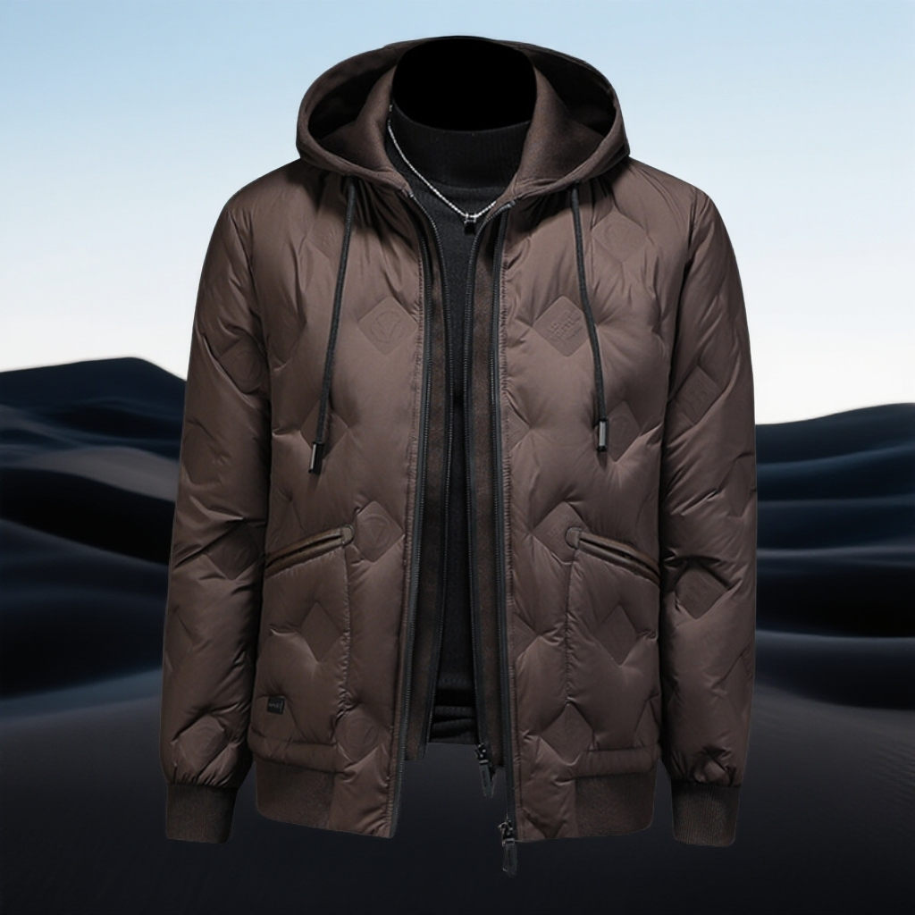 巴赛娜缇时尚休闲男士潮流冬季白鸭绒连帽暗花羽绒服男外套加厚潮