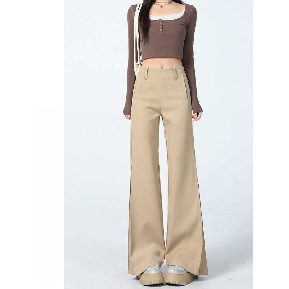 美式卡其色高腰微喇裤女2025冬季新款休闲宽松不贴腿拖地喇叭裤子