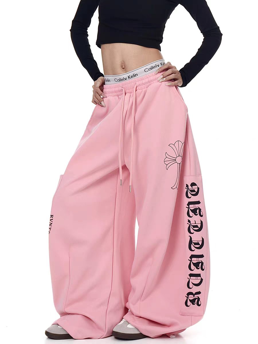 花生酱 美式十字架印花弯刀裤宽松慵懒垂感阔腿卫裤运动休闲裤