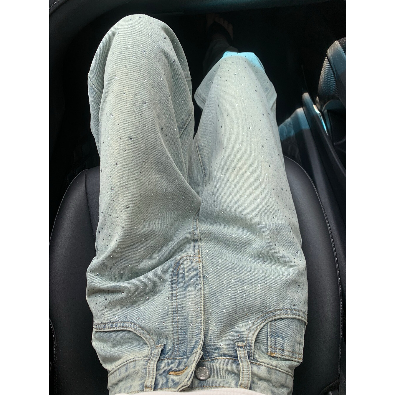 春季新款设计感高腰显瘦直筒阔腿拖地裤蓝色水洗烫钻直筒牛仔裤女