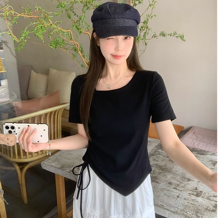 midou韩版流行不规则短袖宽松显瘦休闲女装T恤白色显瘦短袖T女款