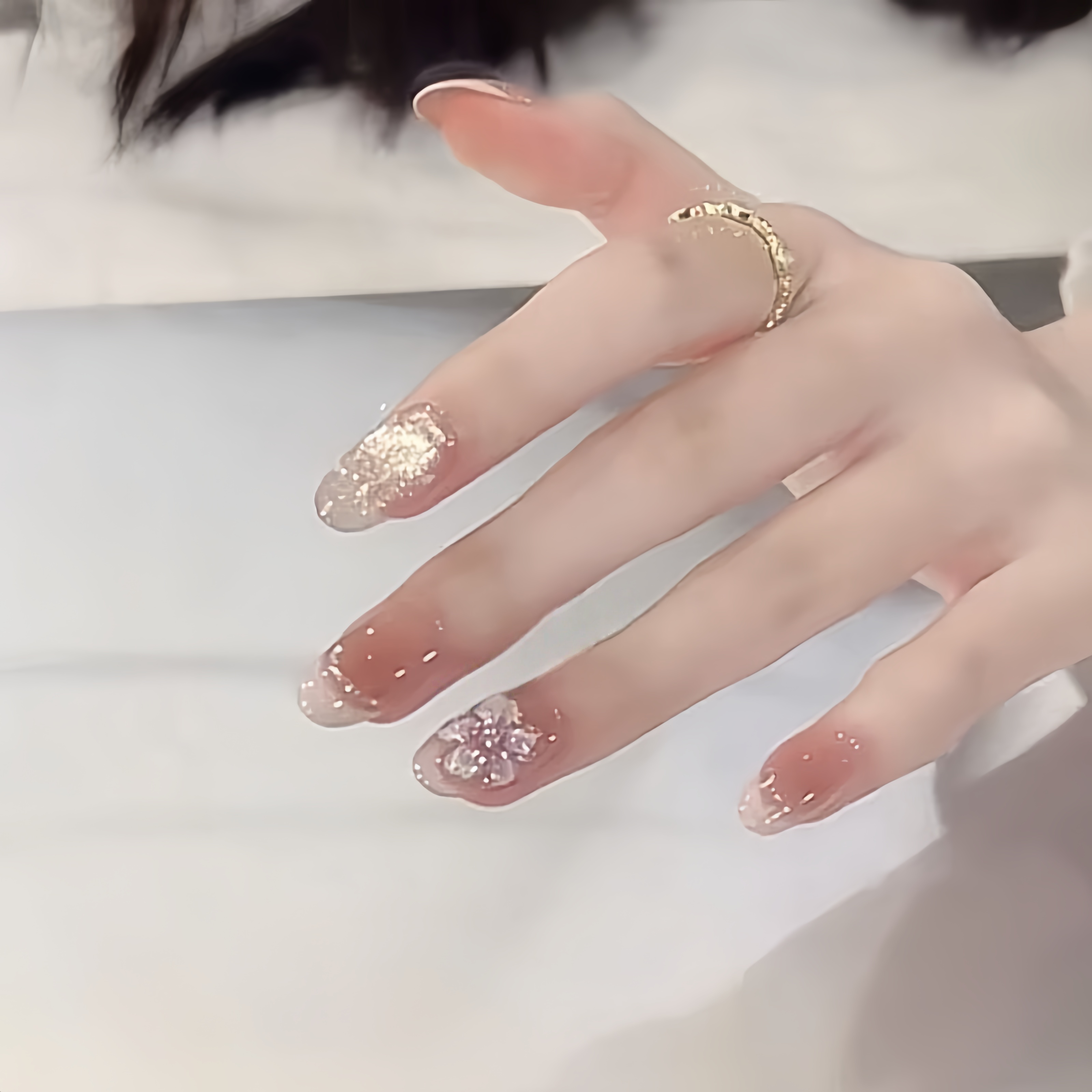 【冰花法式】手工穿戴甲手绘法式立体冰花设计简约高级显白款美甲片