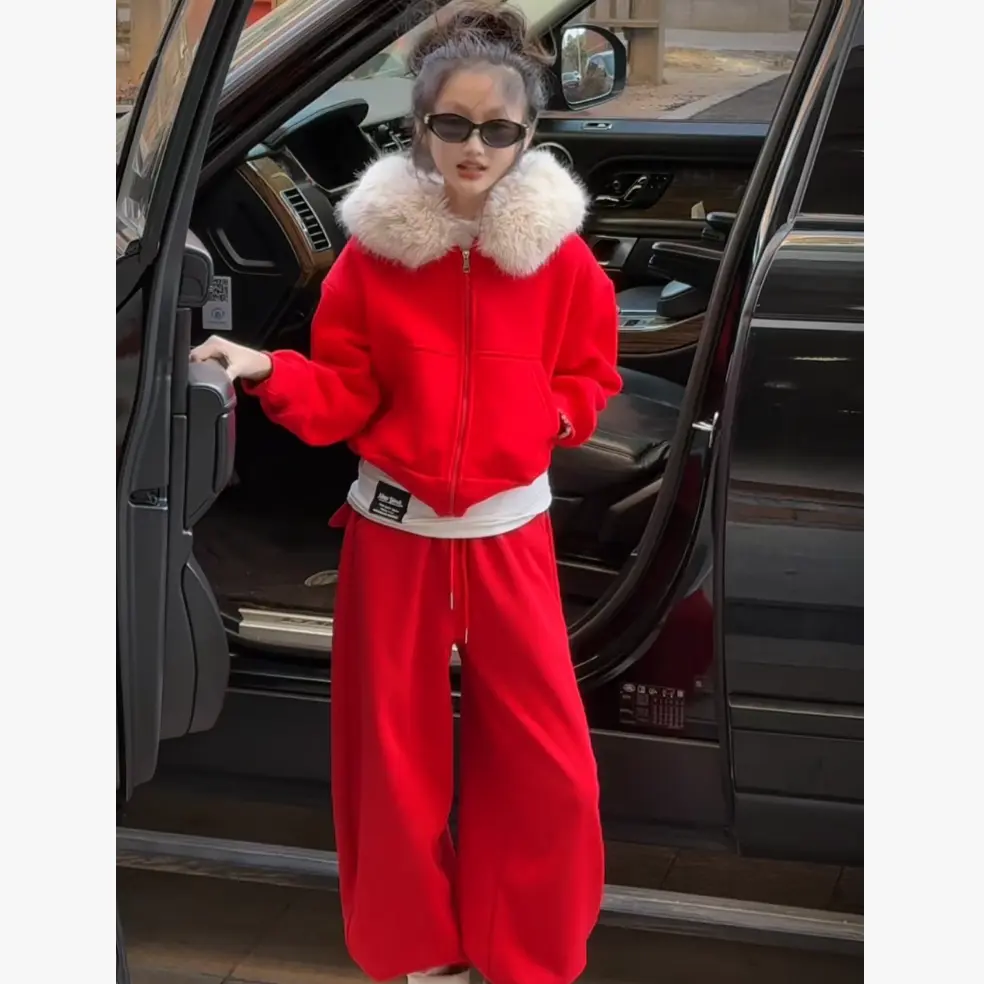 女童冬季加绒套装2026新款儿童红色拜年中大童洋气加厚过年两件套