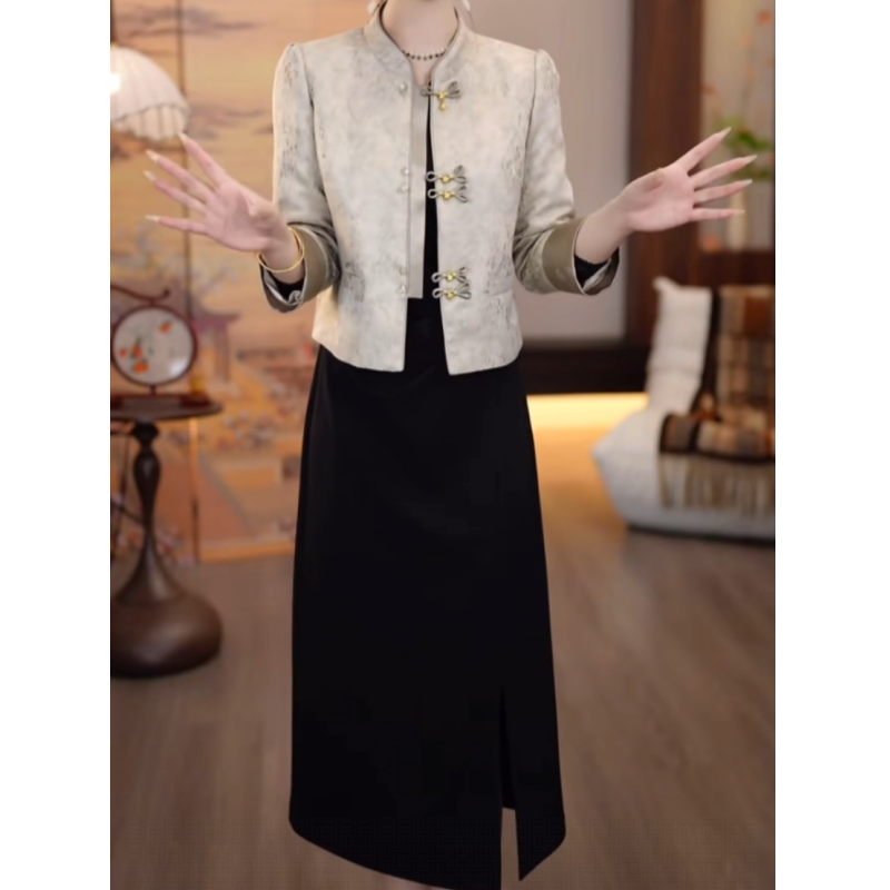 2025秋季新中式套装银杏色提花国风外套+黑色连衣裙两件套裙M-4XL