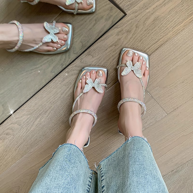 软底踩屎感露趾跟闪闪蝴蝶结外穿水钻凉拖鞋凉鞋女夏季新款百搭