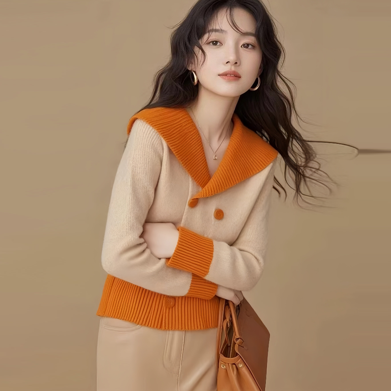 哥弟阿玛施正品欧美风上衣针织撞色外搭宽松秋季毛针织衫开衫毛衣