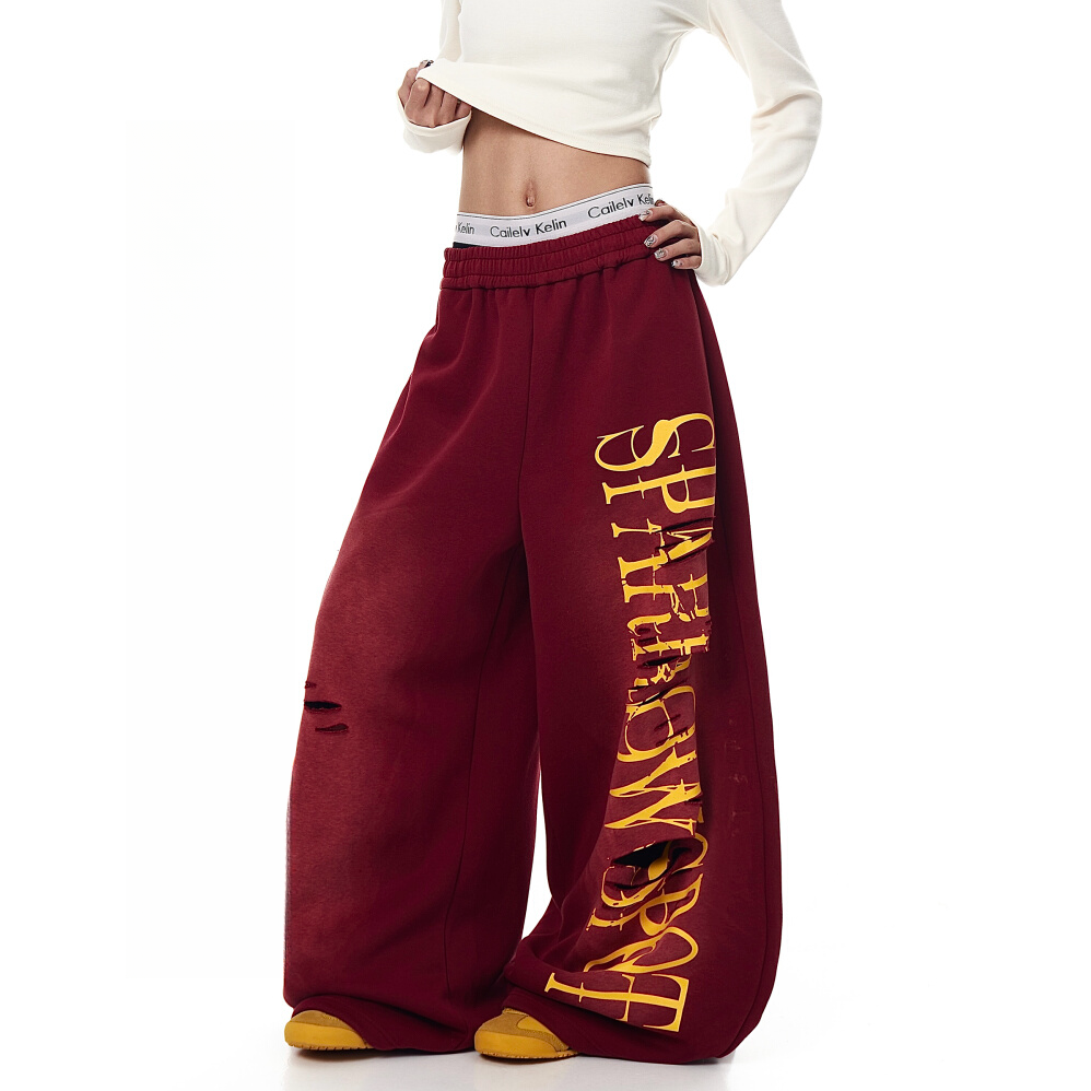 美式复古做旧渐变破洞字母卫裤女设计感宽松阔腿裤