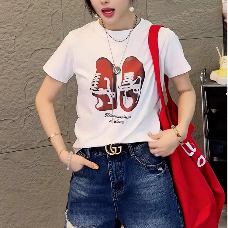 2025新款百搭爆款鞋印花T恤气质休闲正肩短袖