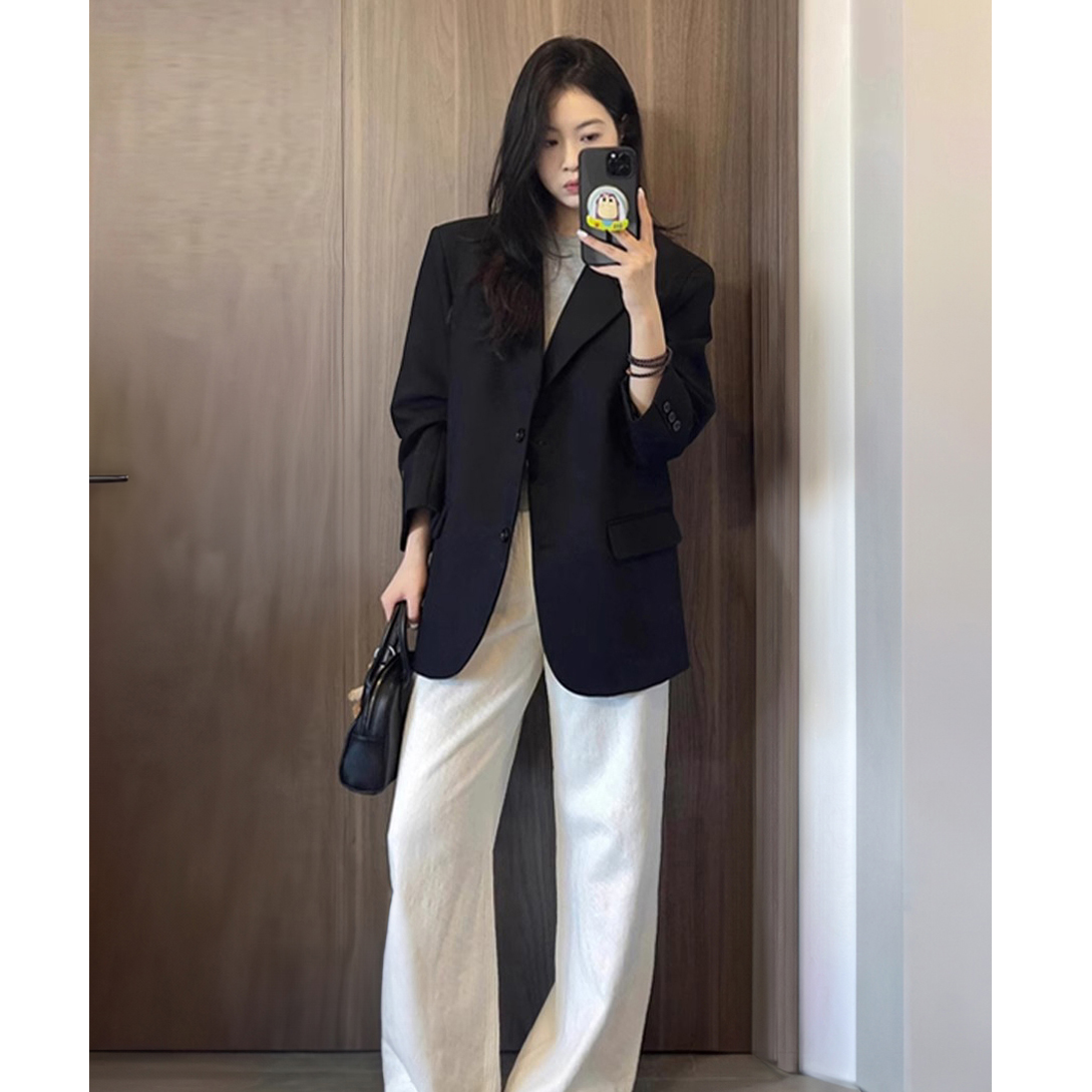 黑色西装外套女2025秋季新款高个子休闲气质宽松高级感垫肩小西服