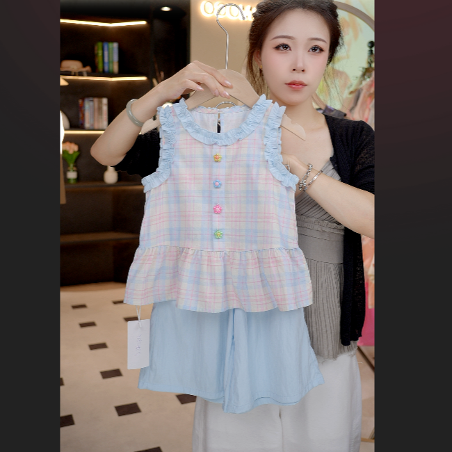 MOMOCO套头单排扣格子女夏季小香风格纹时尚套装77630580202