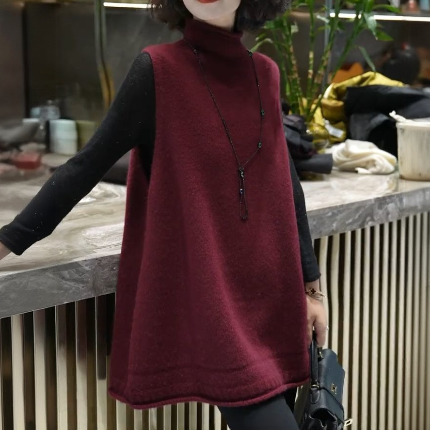 【两件套】秋冬时尚安可拉红外穿半高领中长卷边马甲+简约长袖H037