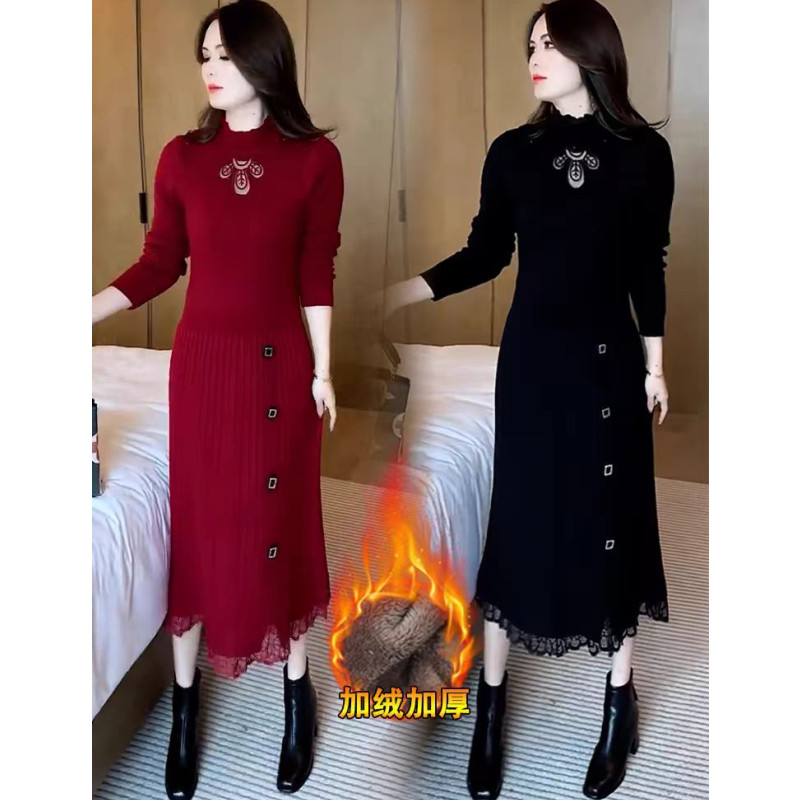 一体加绒加厚长款针织连衣裙女冬季新款时尚洋气配大衣打底毛衣裙
