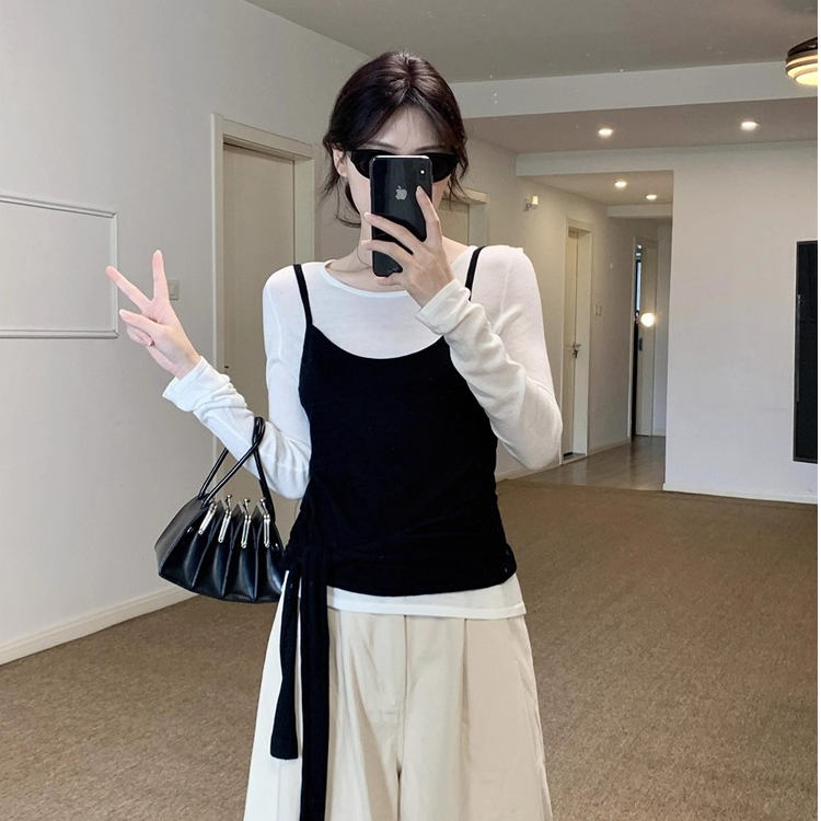 韩系穿搭套装黑白长袖针织衫女早秋叠穿吊带背心绑带上衣两件套装
