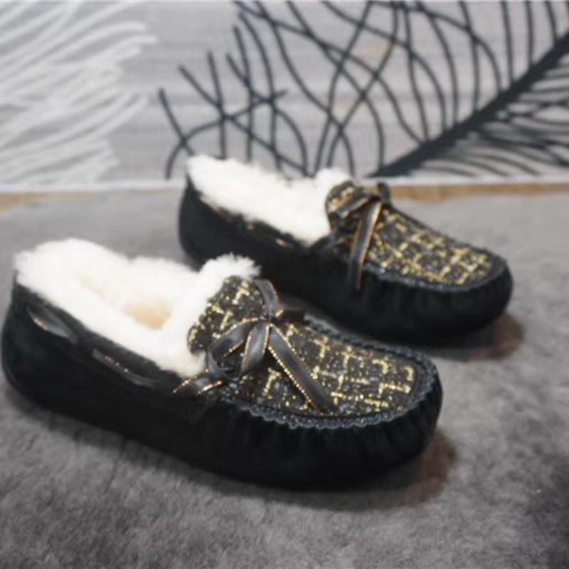 秋冬款编织小香风羊毛女士豆豆鞋丝带蝴蝶结保暖懒人乐福鞋29-3B