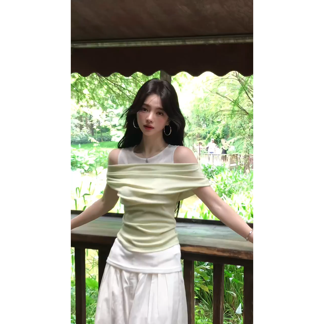 MARIE.COCO韩版小众假两件不规则一字领上衣搭配宽松阔腿裤套装潮