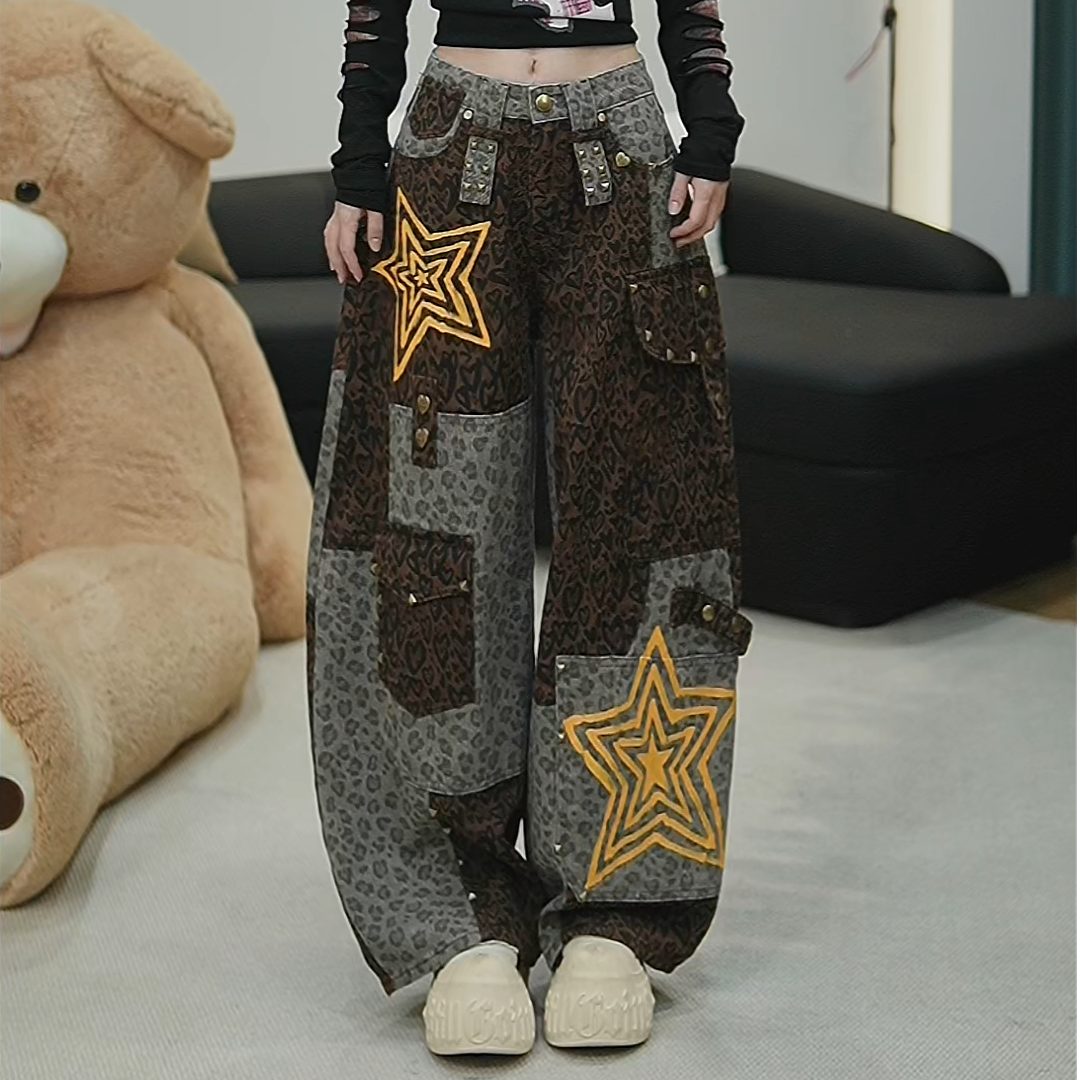 加薄绒2025冬季新款原创设计拼色咖色豹纹弯刀牛仔裤女潮酷裤子