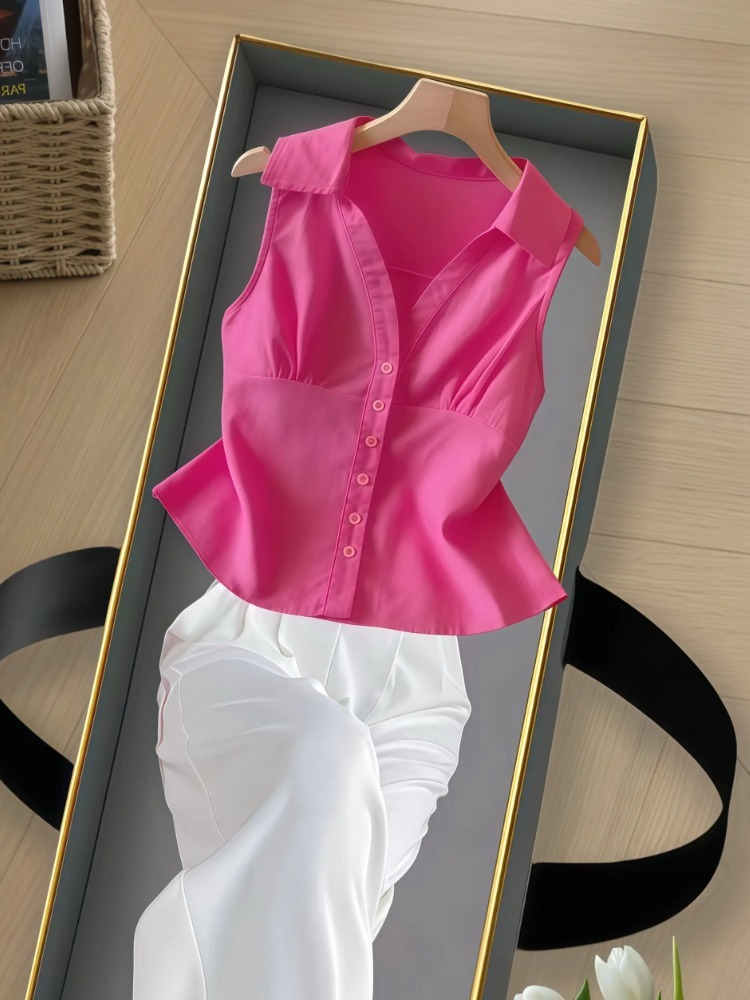 2025新款薄款夏季精致高级感绝美漂亮法式独特气质玫红色衬衫上衣