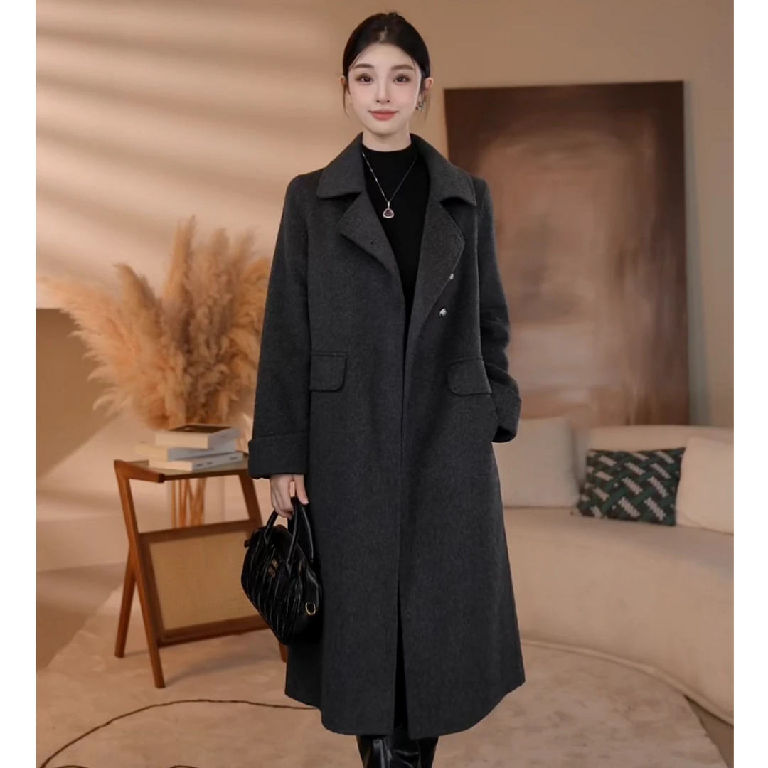 【南桥甄选】曼贝8584439深灰色秋冬新款高端百搭双面羊绒大衣外套