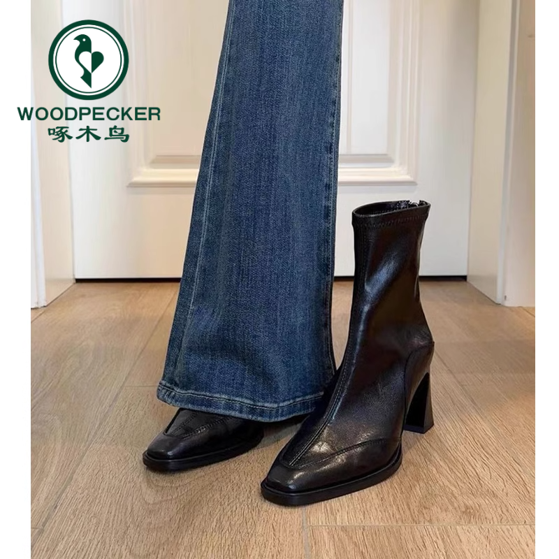 啄木鸟高跟方头瘦瘦靴短靴女秋冬粗跟复古马丁靴英伦风短筒单靴女