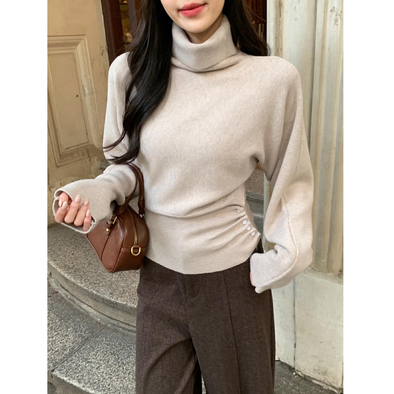 博主推荐复古法式慵懒高领蝙蝠袖收腰设计针织衫保暖毛衣I2-76