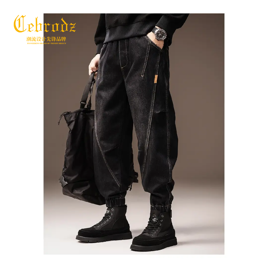 法国Cebrodz高端美式复古工装牛仔裤子男宽松束脚休闲裤男百搭