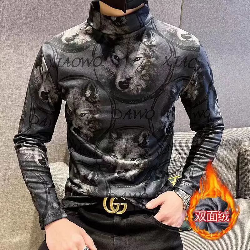 秋季男生长袖t恤德绒半高领动物打底衫时尚百搭修身显气质保暖衣