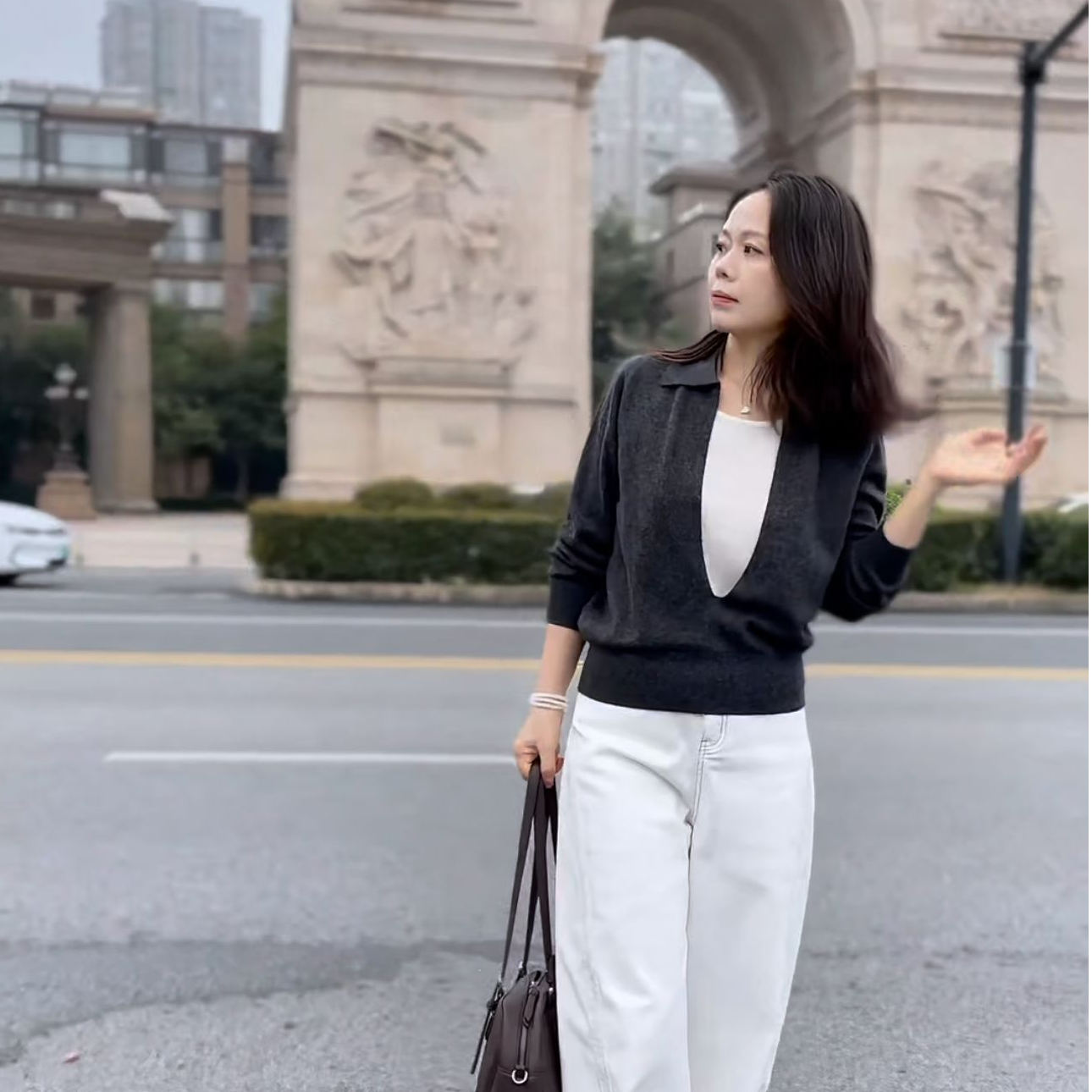 高端羊绒翻领假两件撞色修身显瘦百搭通勤软糯针织打底韩系秋冬新