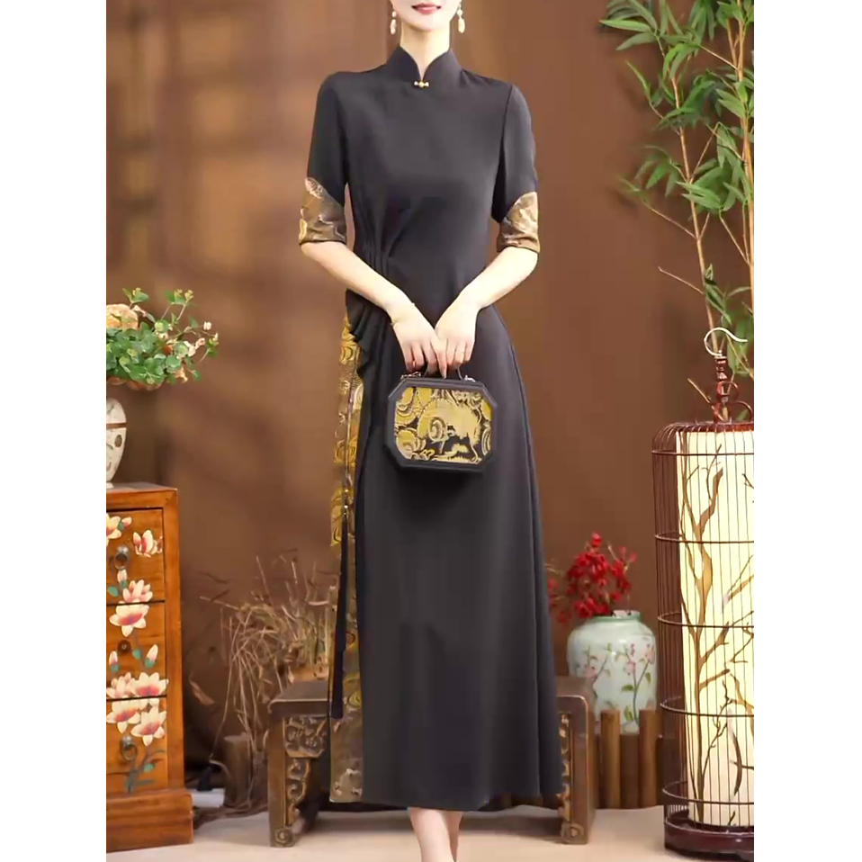 新中式时尚改良旗袍连衣裙女2025夏装新款文艺范修身显瘦高贵长裙