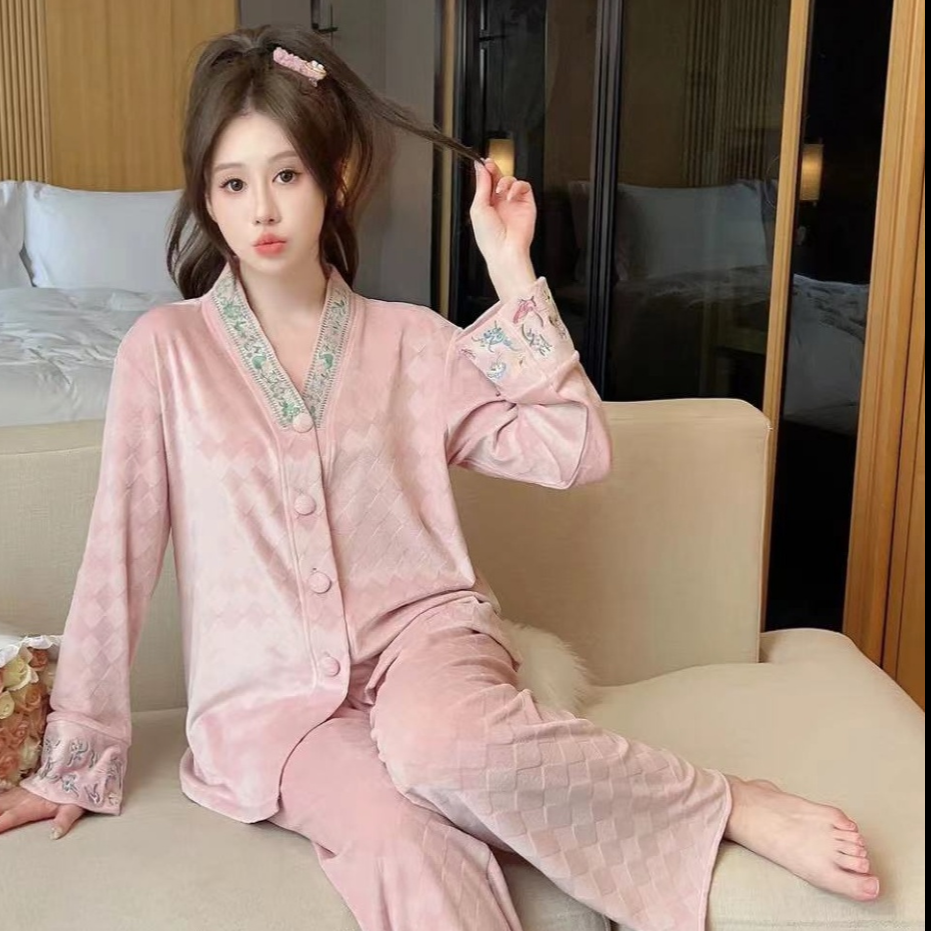 【刺绣高定】海岛绒睡衣女秋冬新款加绒薄家居服舒适时尚套装网红