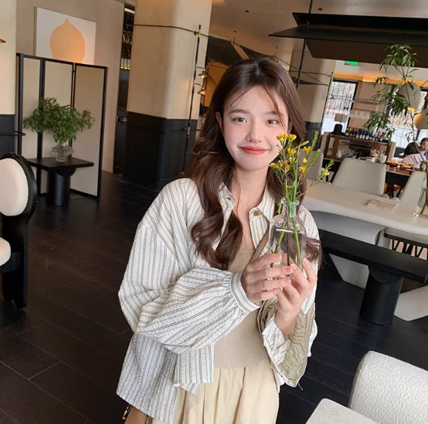 一三良品小个子 松弛感~超薄不规则杏色条纹衬衫长袖防晒衫衬衣女