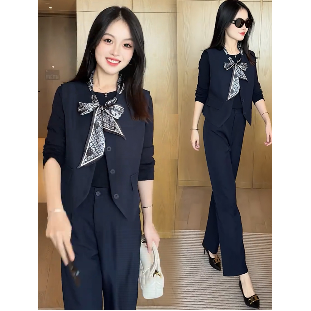 时尚套装女2025秋季新款洋气显瘦西装马甲背心打底衫阔腿裤两件套