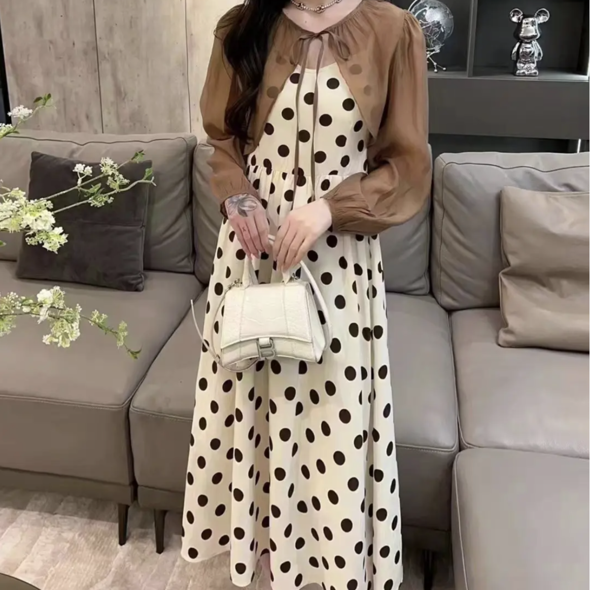 Q201时尚气质法式波点连衣裙女秋装防晒开衫两件套茶歇吊带裙子D2