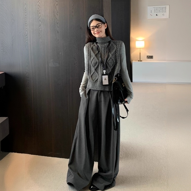 韩系复古灰色高领针织马甲女秋冬叠穿外搭宽松显瘦短无袖毛衣套装