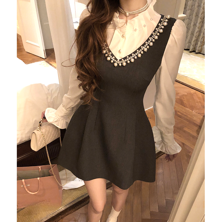 一然大码女装法式钉珍珠A版连衣裙假两件泡泡袖高腰重工裙子13684