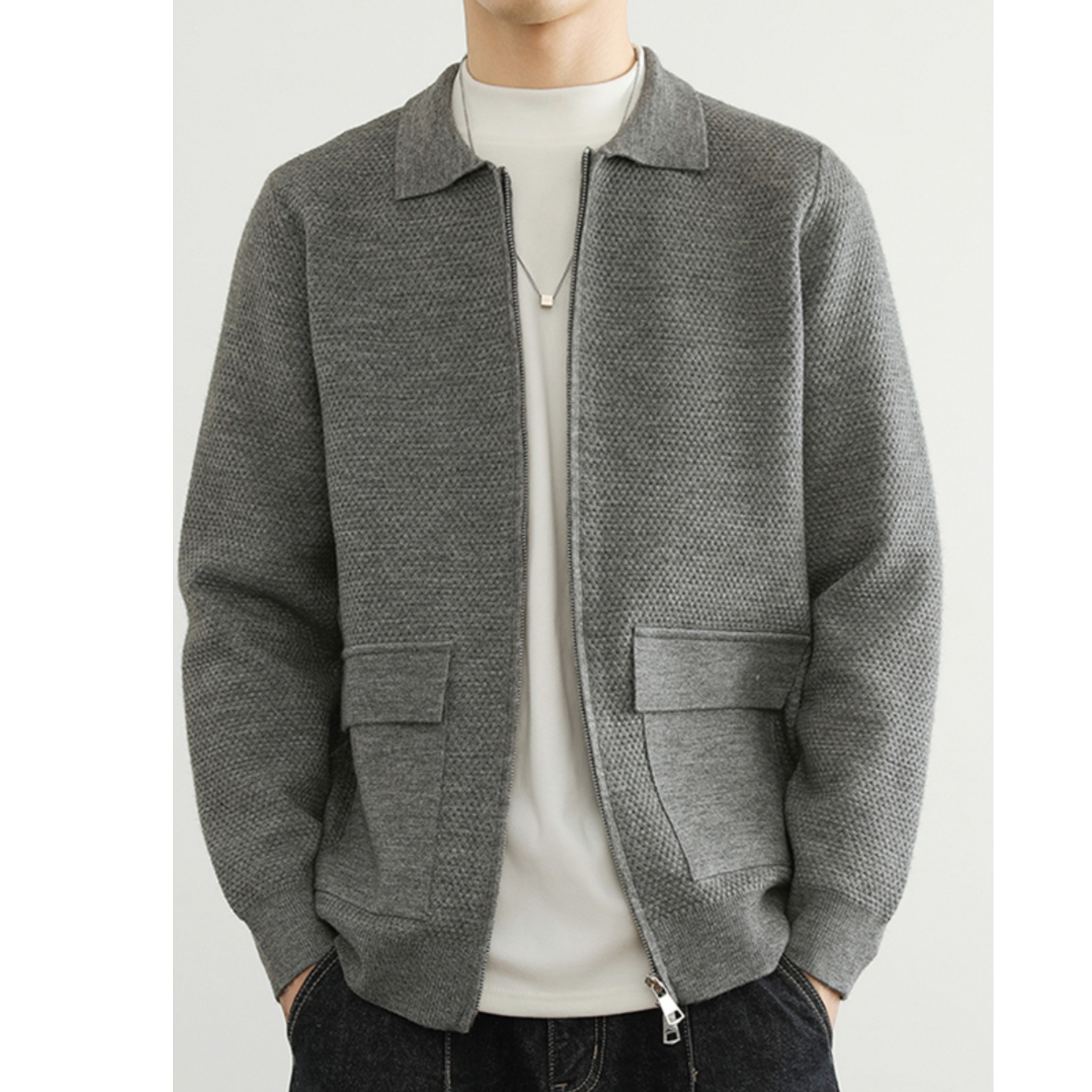 佩库普伦拉链式开衫毛衣男士外套春秋季翻领百搭夹克式针织衫外套