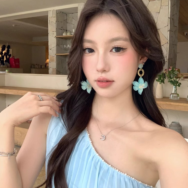 铜合金耳饰 高级感蓝色花朵耳环女夏天独特海边夸张度假耳饰耳钉