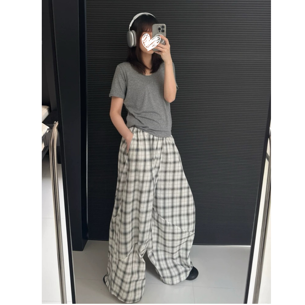 运补6宽松阔腿裤格子休闲裤女高腰直筒长裤垂感拖地裤子复古B8803
