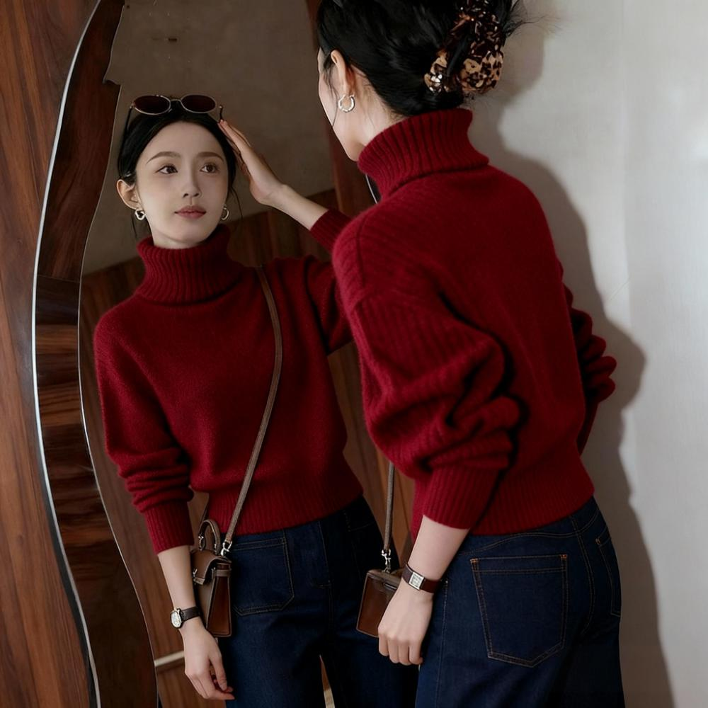 酒红色高领加厚毛衣女2025秋冬穿搭韩版气质高腰短款长袖针织上衣