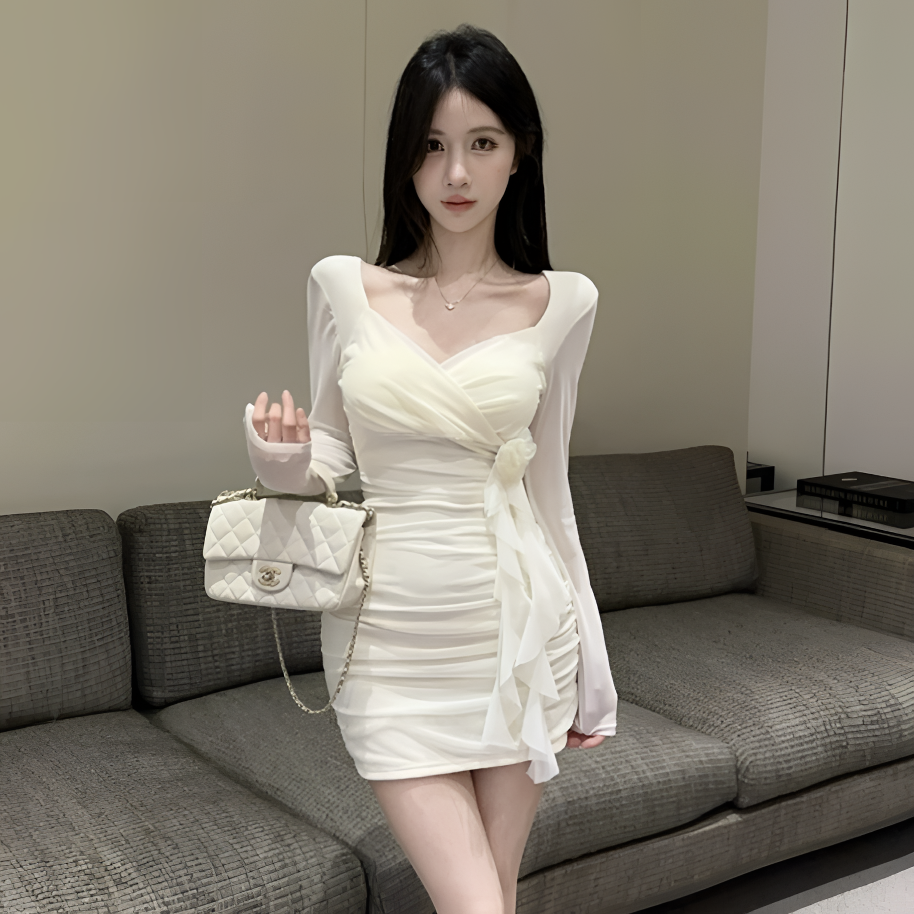V领性感连衣裙新款减龄长袖显瘦包臀裙夜总会上班衣服技师工作服