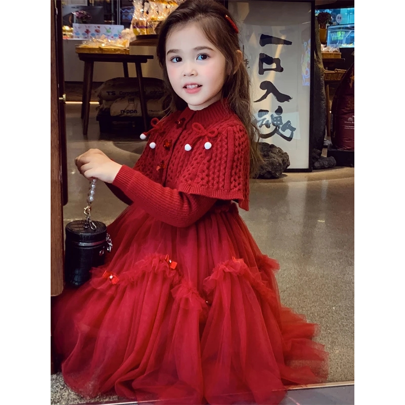 女童红色公主裙冬装2025新款儿童韩版针织披肩网纱连衣裙秋冬季