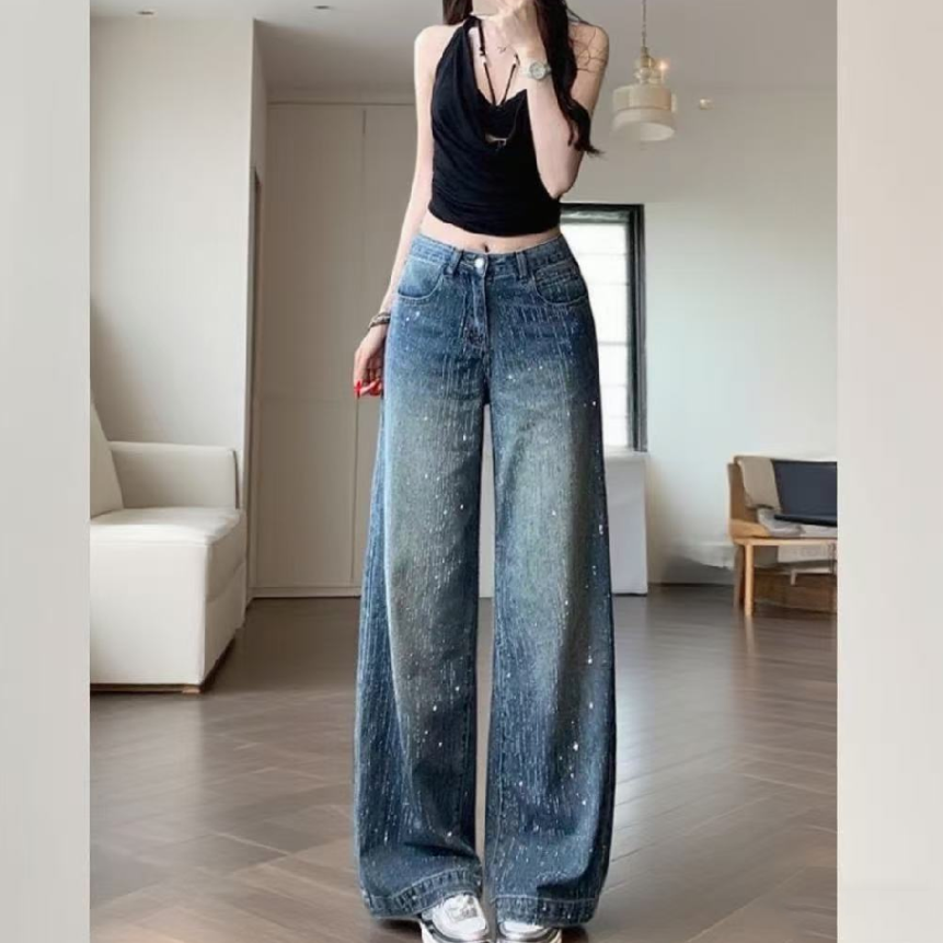 2026新款冬季时尚设计感宽松烫钻满天星加绒/单料牛仔阔腿裤