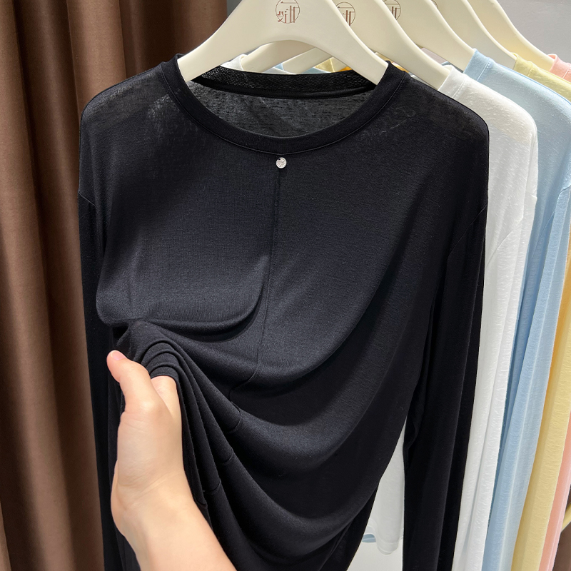 黑色圆领冰丝薄款T恤女2025新款夏季防晒宽松显瘦长袖打底衫上衣