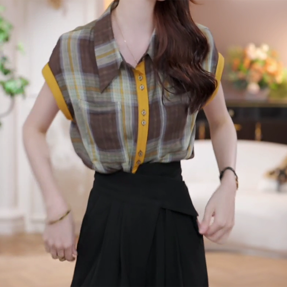 春夏新款韩版简约复古感格子轻薄松弛感撞色潮衬衫女
