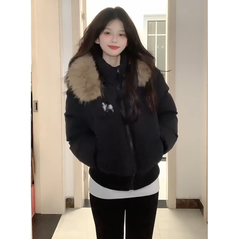 美式复古黑色大毛领连帽棉服女2025秋冬收腰显瘦高级感棉袄短外套