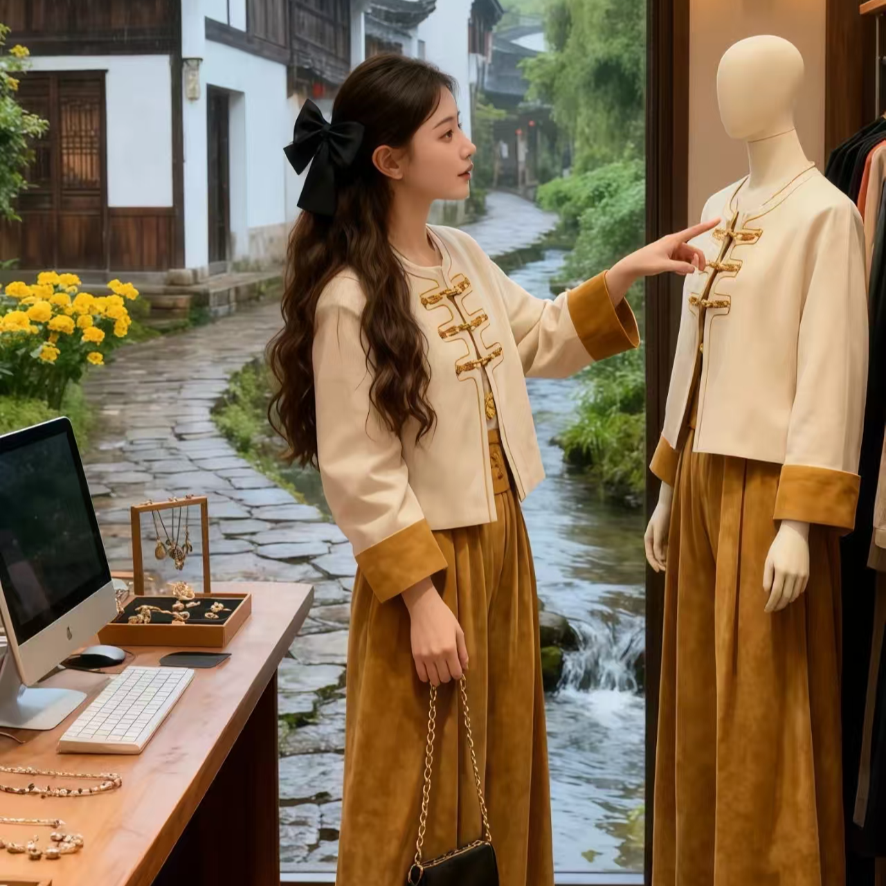 《肉肉专属》轻奢高级感国风新中式乔琪绒盘扣外套长裤套装1186沐