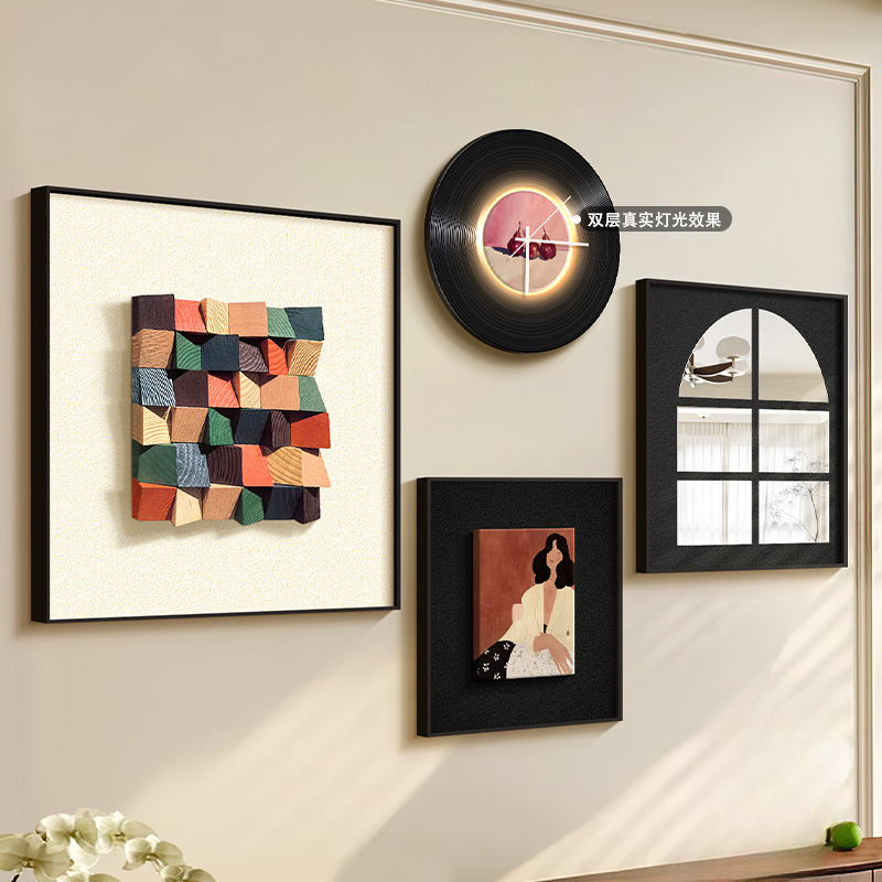 法式复古镜子钟表挂钟挂画背景3d立体壁画适合装饰客厅背景墙挂画