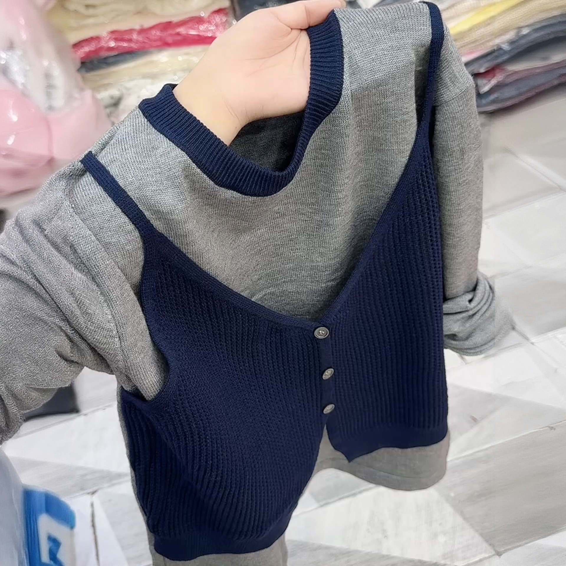 藏青色美式复古假两件圆领针织衫女2025秋季新款时尚百搭大码上衣