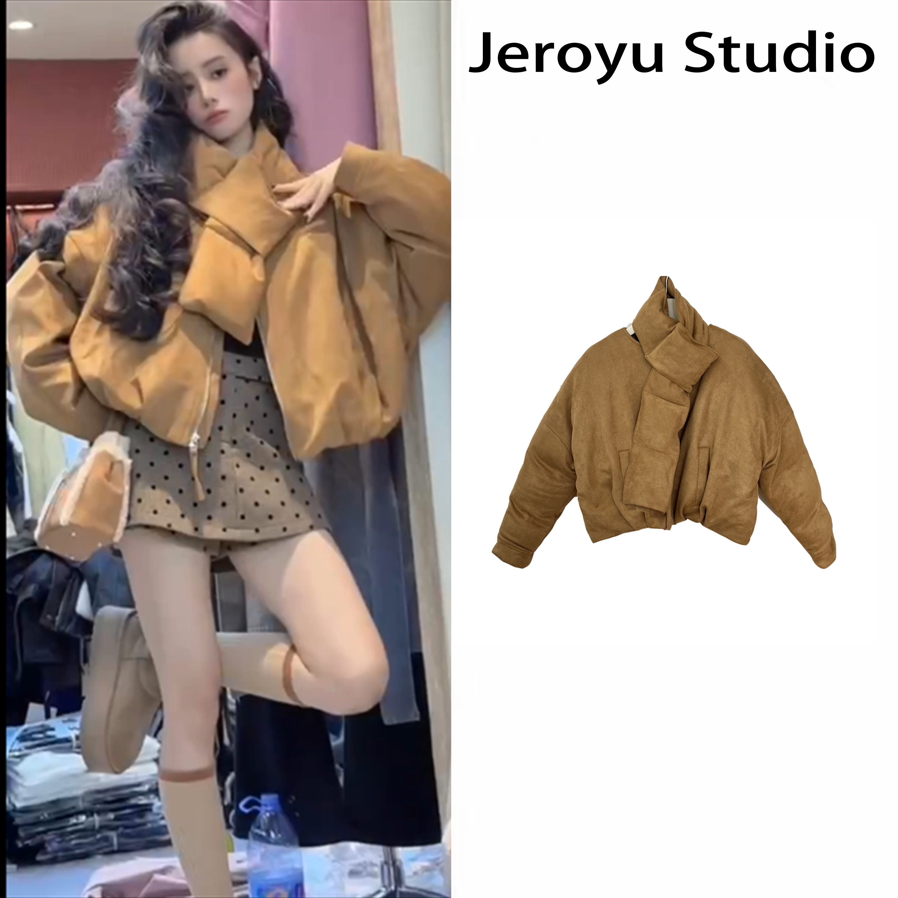 美式复古带围脖小个子短款拉链外套女秋冬新款波点显瘦短裙两件套