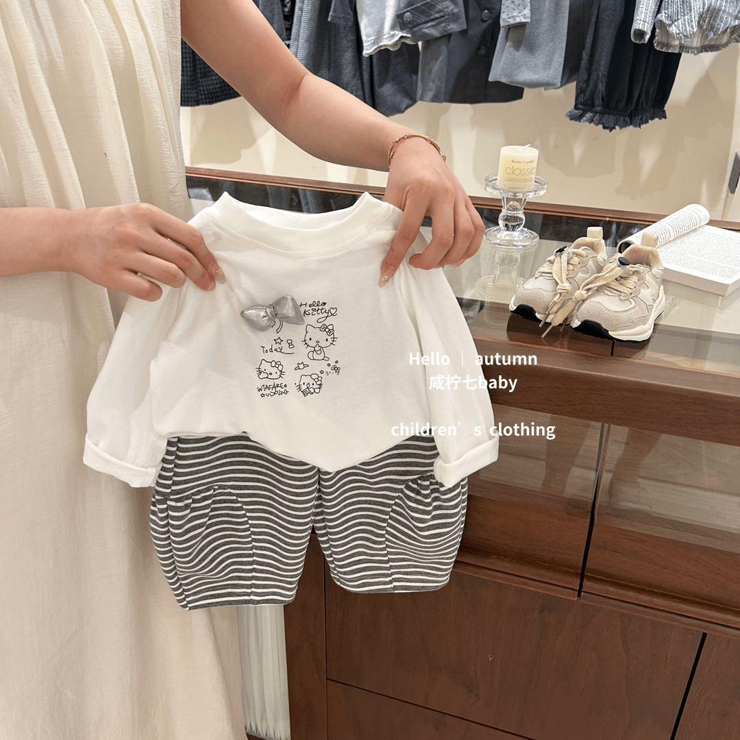 女童春秋季甜美纯色猫咪印花蝴蝶结长袖上衣女孩条纹宽松长裤套装